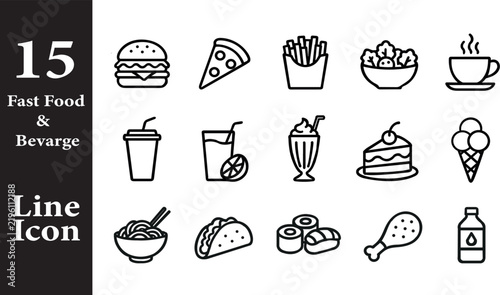 Collection of fast food and beverage line icons arranged in a grid for culinary menu design or restaurant website template interface.
