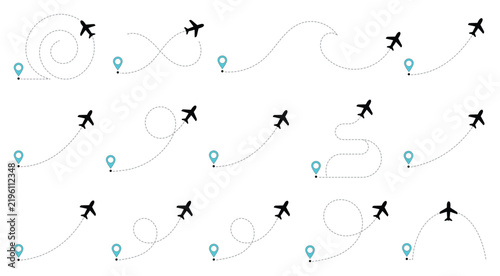 Wavy airplane flight route and location marker. smooth flight trajectory and winding airplane flight path route. vector illustration.