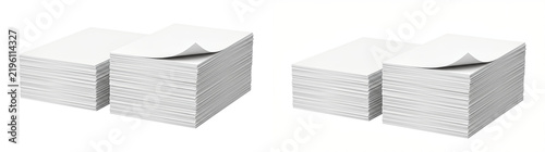 Quadro su tela Paper stacks with white sheets and a curled top page shown side by side as an is