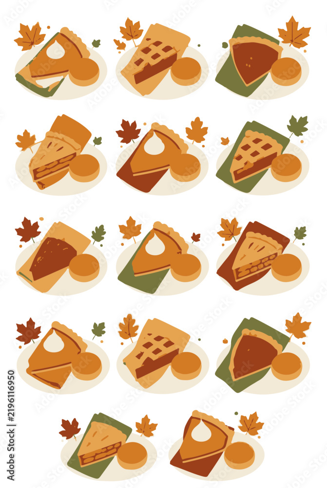 Fototapeta premium Vector Art Compilation of 14 Slices of Pie with Autumn Leaves