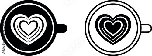 Set of two coffee cups with heart latte art icons, top view, vector illustration