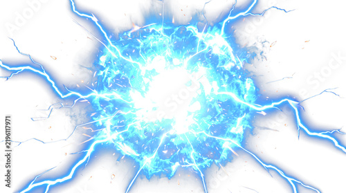 Vibrant blue electric lightning explosion with glowing energy burst and sparks, isolated on transparent background, perfect for game VFX, sci-fi design, and digital art