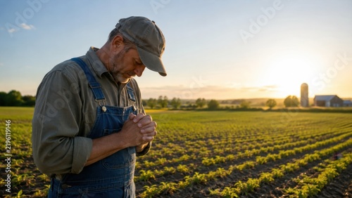 Farmer praying with clasped hands in a green crop field at peaceful golden sunset