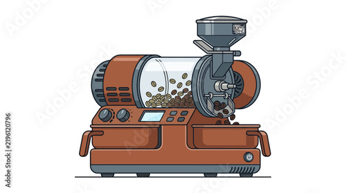 illustration of a modern electric drum coffee roaster machine roasting fresh coffee beans on white background