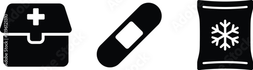 First aid kit, adhesive bandage, and ice pack icons