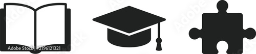 Icons of an open book, a graduation cap, and a puzzle piece