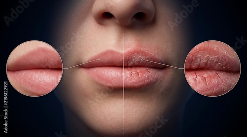 Detailed comparison of healthy, hydrated lips versus dry, cracked lips, illustrating the effects of moisture and care on lip health.