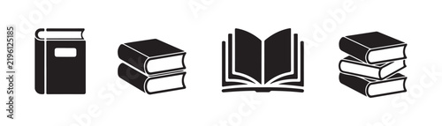 Collection of various black book icons featuring hardcover and open pages for educational use.