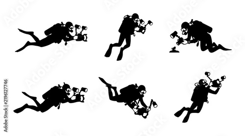 Foto Black scuba divers with cameras, underwater exploration graphic icons