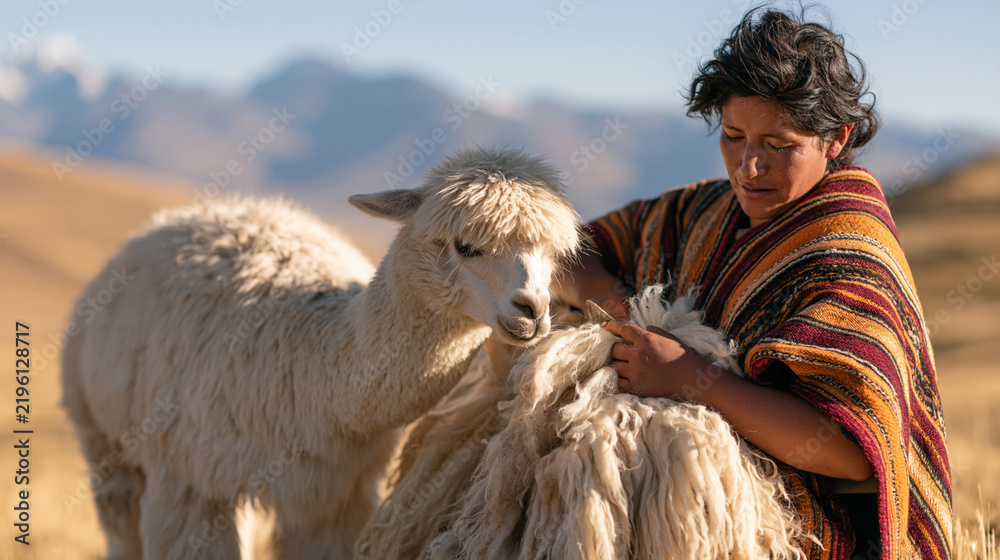 Fototapeta premium Woman in woven poncho shears soft alpaca fleece against Andes mountain backdrop. Traditional highland textile craft with natural wool and heritage.