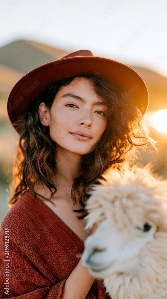 Fototapeta premium Woman in a rust-red woven poncho and hat stands beside a fluffy alpaca in golden Andes light, capturing warm cultural connection and highland tradition.