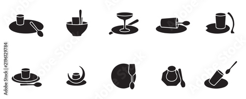 Set of black tea and coffee cup icons including saucers and spoons for cafe restaurant web design menu.