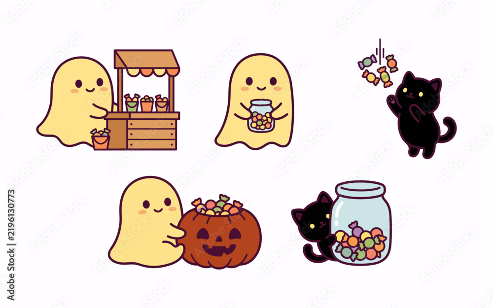 Fototapeta premium Set of cute halloween stickers featuring ghosts pumpkins a black cat a witch and potted plants
