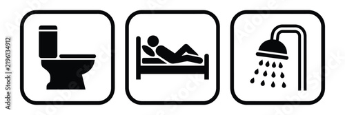 Hotel facility and bathroom icon collection illustration. Toilet, bed, and shower pictograms for hospitality, accommodation, restroom, personal care, and service signage.