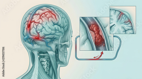Brain stroke, blood clot and human head illustration for neurology, healthcare and medical science research. Vessel blockage, embolism and arterial disease with brain anatomy for surgery study