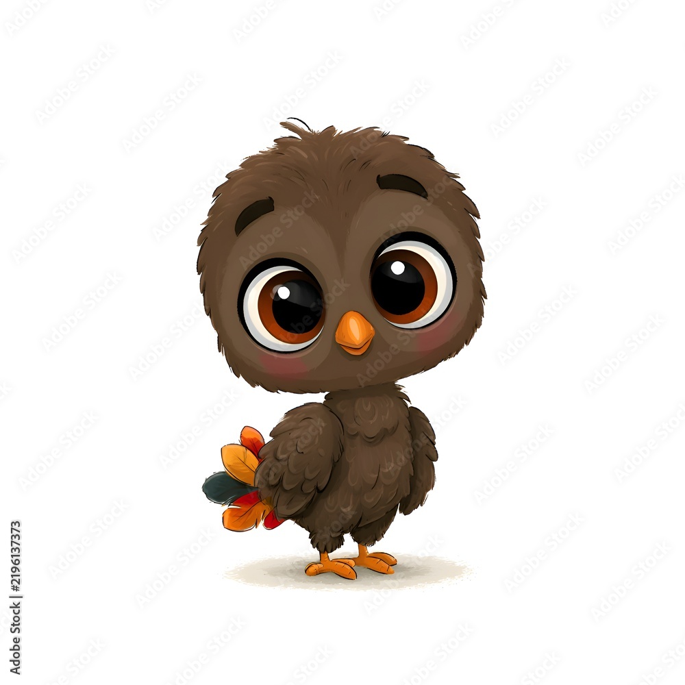 Fototapeta premium Cute cartoon baby owl with big eyes and colorful tail feathers