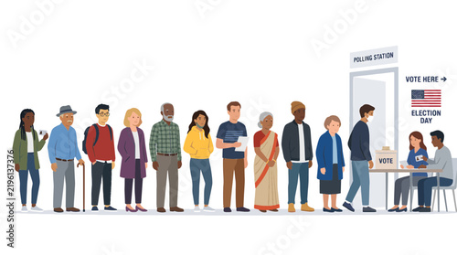 Voters waiting in line and casting ballots into a box at a polling station