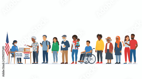Diverse group of voters waiting in line at a polling station with a wheelchair user