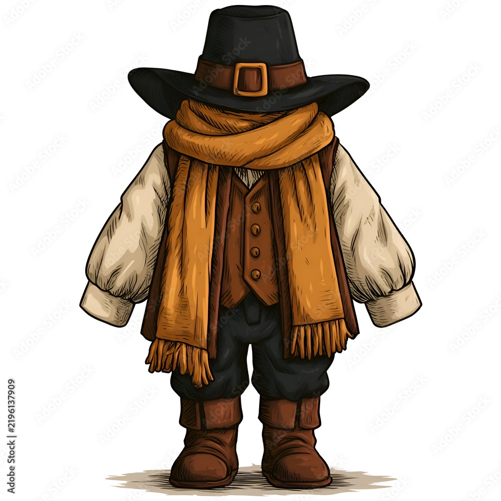 Obraz premium Illustration of a pilgrim costume with hat, scarf, vest, shirt, pants and boots