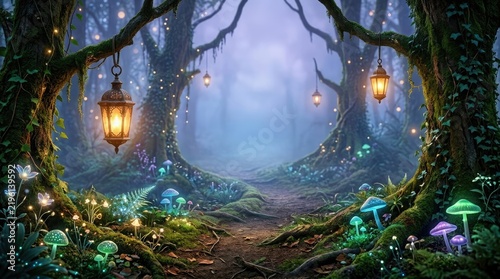 A magical forest scene glows with an ethereal light.