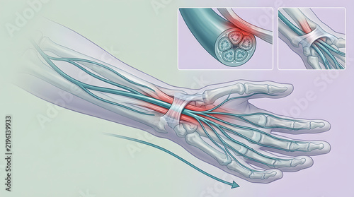 Carpal tunnel syndrome, hand anatomy and medical illustration of nerve compression at wrist. Health, surgery and orthopedic diagram with skeletal bones, pain and injury for clinical therapy research