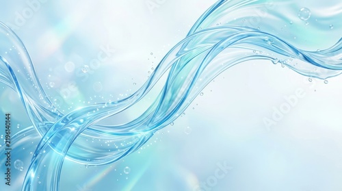 Dynamic water waves ripple across a bright, light blue background. Bubbles float within the water, creating a shimmering effect.