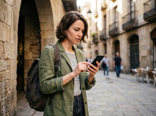 Woman using smartphone for navigation in European city street