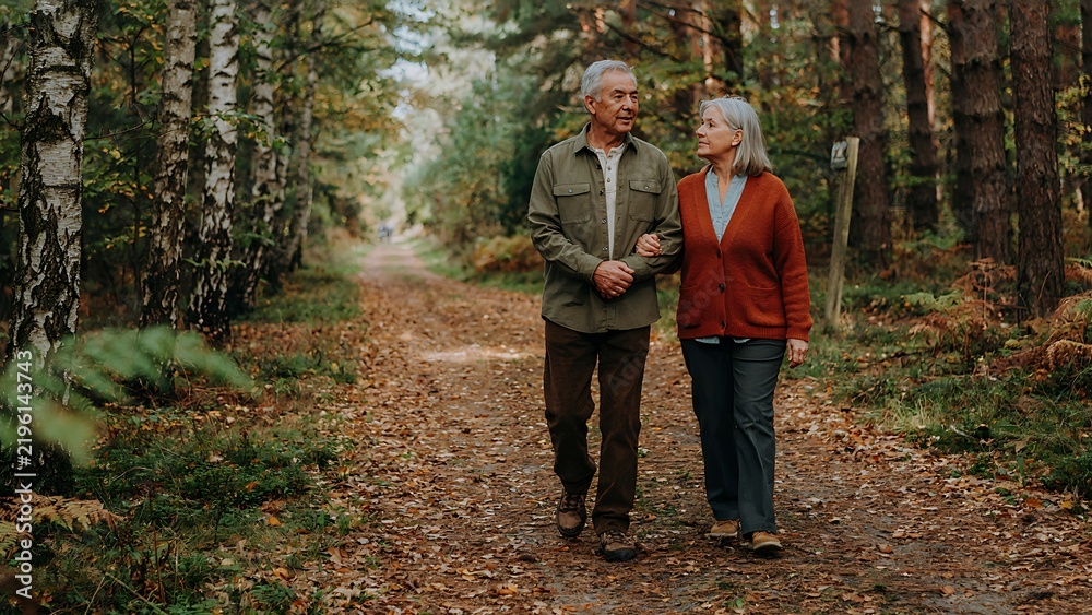Fototapeta premium A close-up of an older couple (70s) holding hands and walking slowly on a forest path, looking relaxed