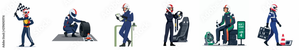 Obraz premium Professional Race Car Driver and Pit Crew Character Illustrations Isolated on White Background