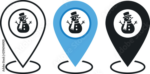 Location markers with cute snowman in flat vector style set.