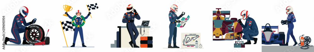 Obraz premium Collection of Flat Illustrations Depicting a Professional Race Car Driver During Preparation, Maintenance, Strategy Planning, and a Victory Celebration.
