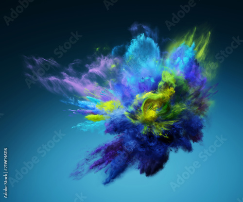 Fantastic explosion of lime green, purple and luminous blue powder