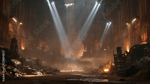 Post-Apocalyptic Industrial Scrap Yard with Dramatic Spotlights
