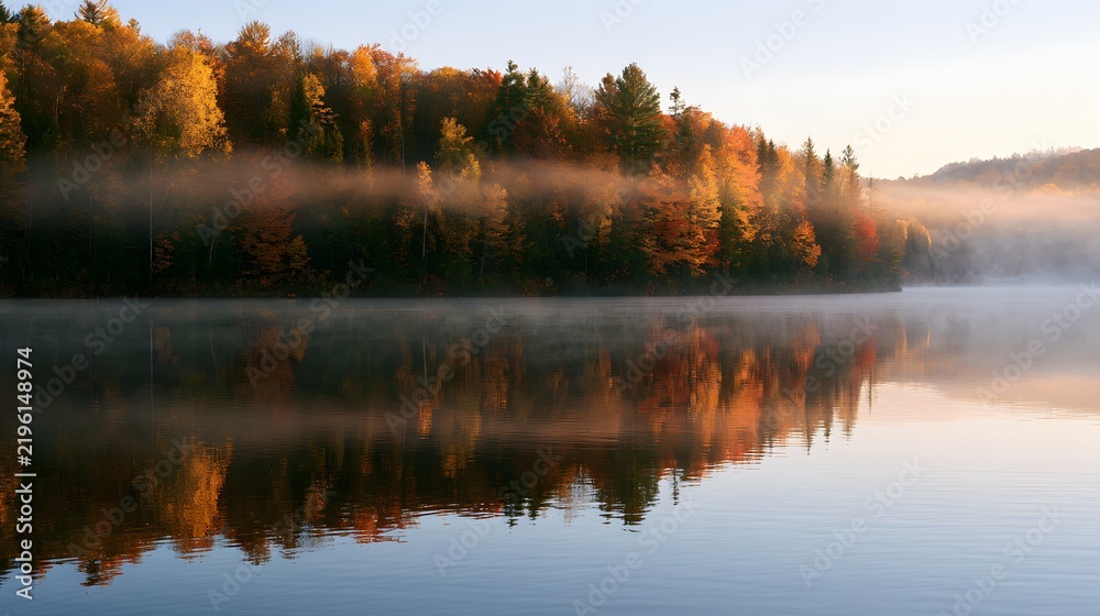 Obraz premium Misty autumn morning over a calm lake with vibrant fall foliage reflecting on the water