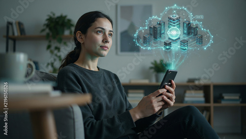 Futuristic AI interface floating over smartphone projecting cloud computing map
