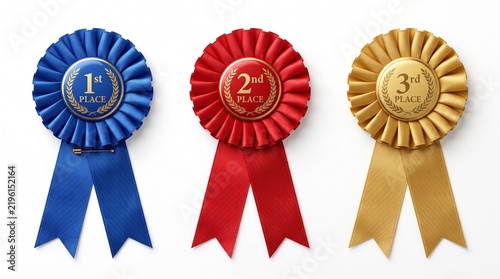 Three isolated award ribbons with first, second, and third place numbering on white background