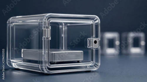 Transparent protective compartment enclosing compact silver data storage device on dark surface