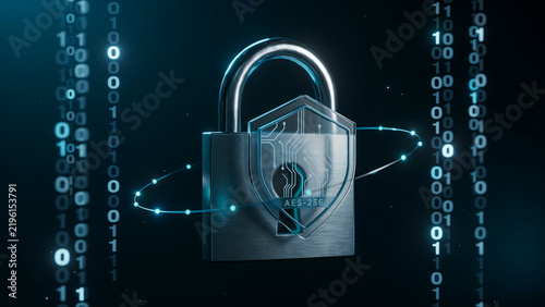 Cybersecurity digital padlock with glowing encryption over binary code on dark background