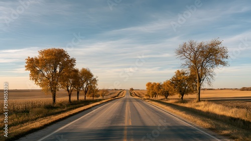 Empty asphalt road stretching through golden autumn fields under a clear blue sky at sunset