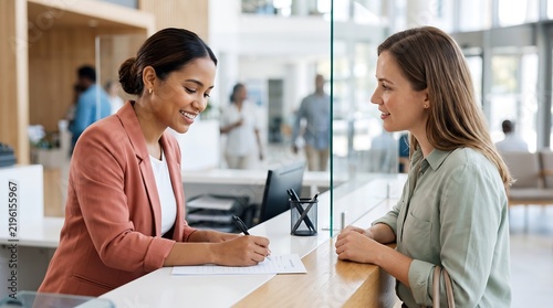 A smiling female bank teller assists a customer at the counter, filling out paperwork.
