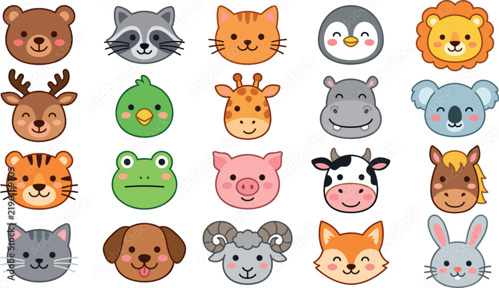 Obraz premium Cute Animal Face Icon Set with Bear, Lion, Cat, Dog, Fox, and Farm Wildlife Characters for Kids and Nursery Designs