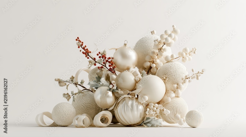 Obraz premium Cozy holiday ornament arrangement, plush textures, glossy baubles, holly berries and ribbons, clean white background, 3D render illustration. 