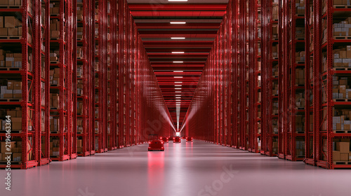 Fototapeta 赤い照明に包まれた巨大物流倉庫の棚と中央通路