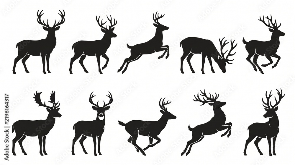 Obraz premium collection of black silhouettes of deer with antlers