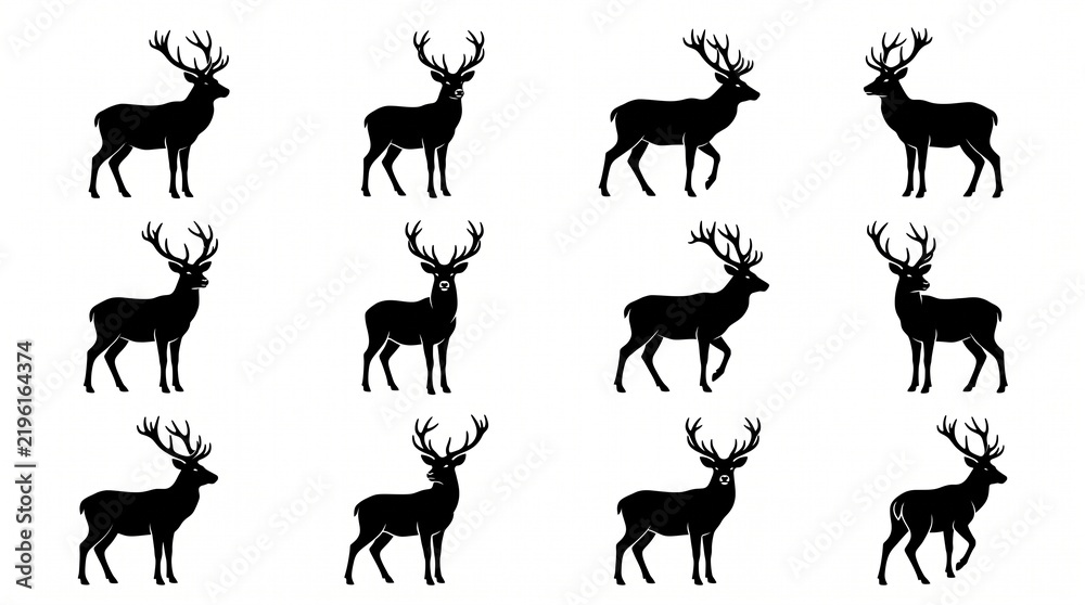 Fototapeta premium black silhouettes of deer with antlers on white background