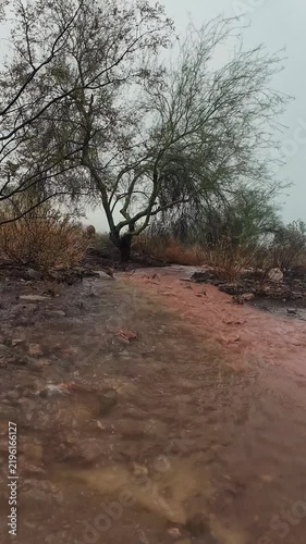 Vertical Ratio View Of AZ Desert Monsoon Storm Water Flowing 