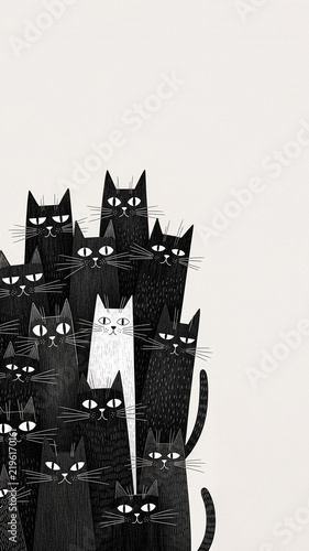 Black cats group illustration with one white cat contrast concept copy space background