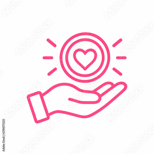 Hand offering heart coin donation pink line icon