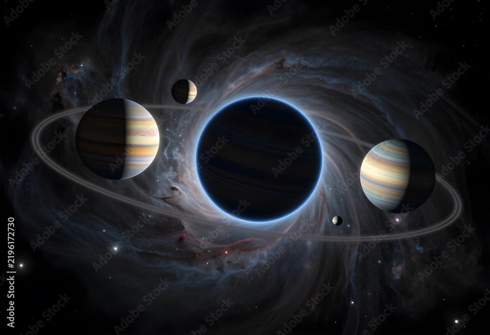 Fototapeta premium Astronomy and space exploration, multiple planets orbiting a dark star in deep space with cosmic nebula and rings in a distant galaxy system