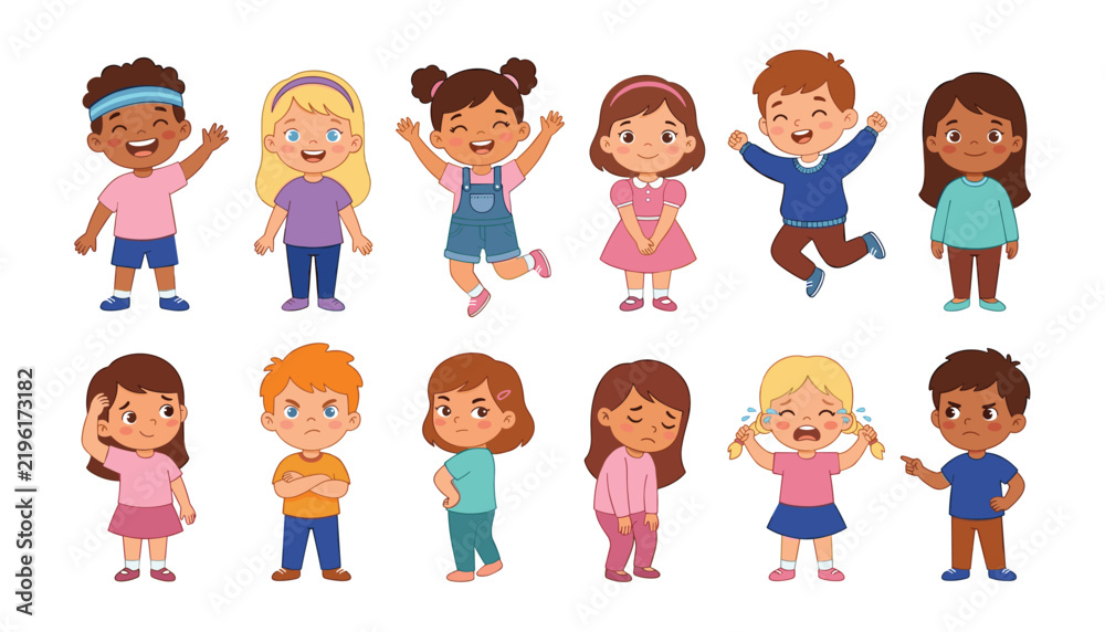 Fototapeta premium Cute cartoon kids showing different emotions collection set with happy sad angry crying surprised confused children isolated flat vector illustration